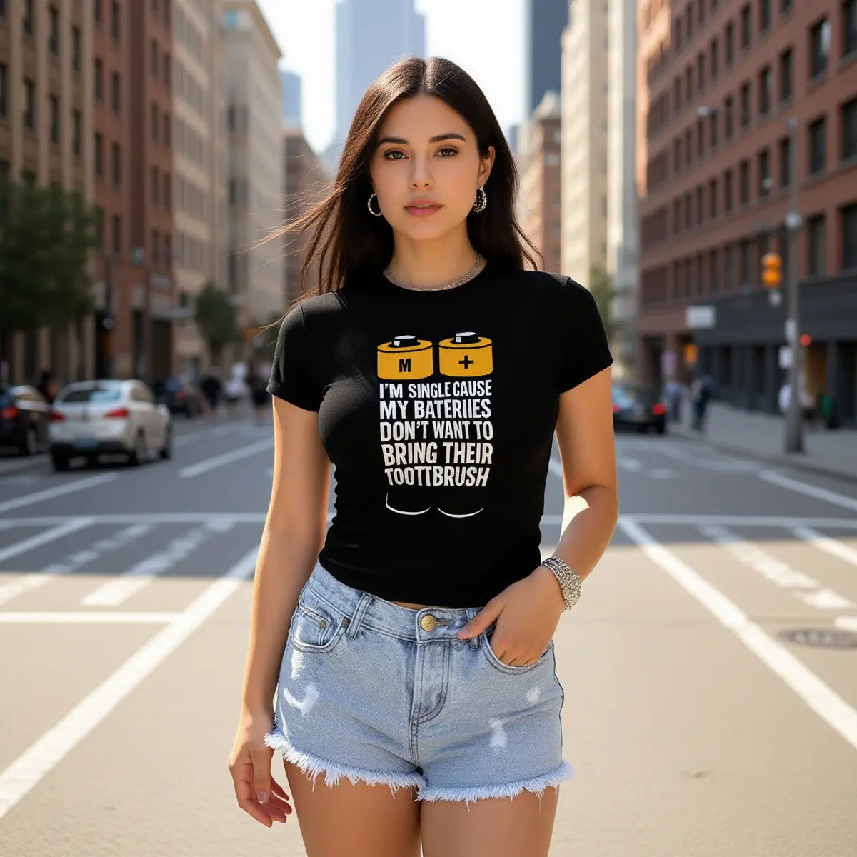 I’m Single ’Cause My Batteries Don’t Want to Bring Their Toothbrush Tee – Single Life Graphic Shirt for Women | Grunge Streetwear & Anti-Settling Humor Yoycol