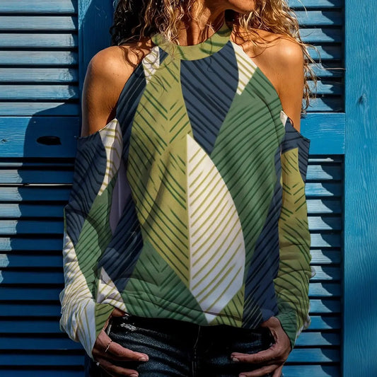 Abstract Green Cold Shoulder Top | Single Life Statement Blouse | Bold Night Out Fashion by SheVibes After Dark yoycol