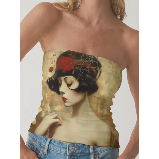 All-Over Print Women's Double-Layer Strapless Top Yoycol