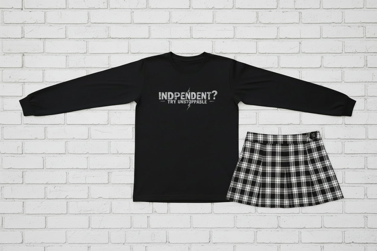 Woman wearing a black long sleeve grunge shirt that says “Independent? Try Unstoppable,” bold empowerment apparel for confident, independent women with urban street style.