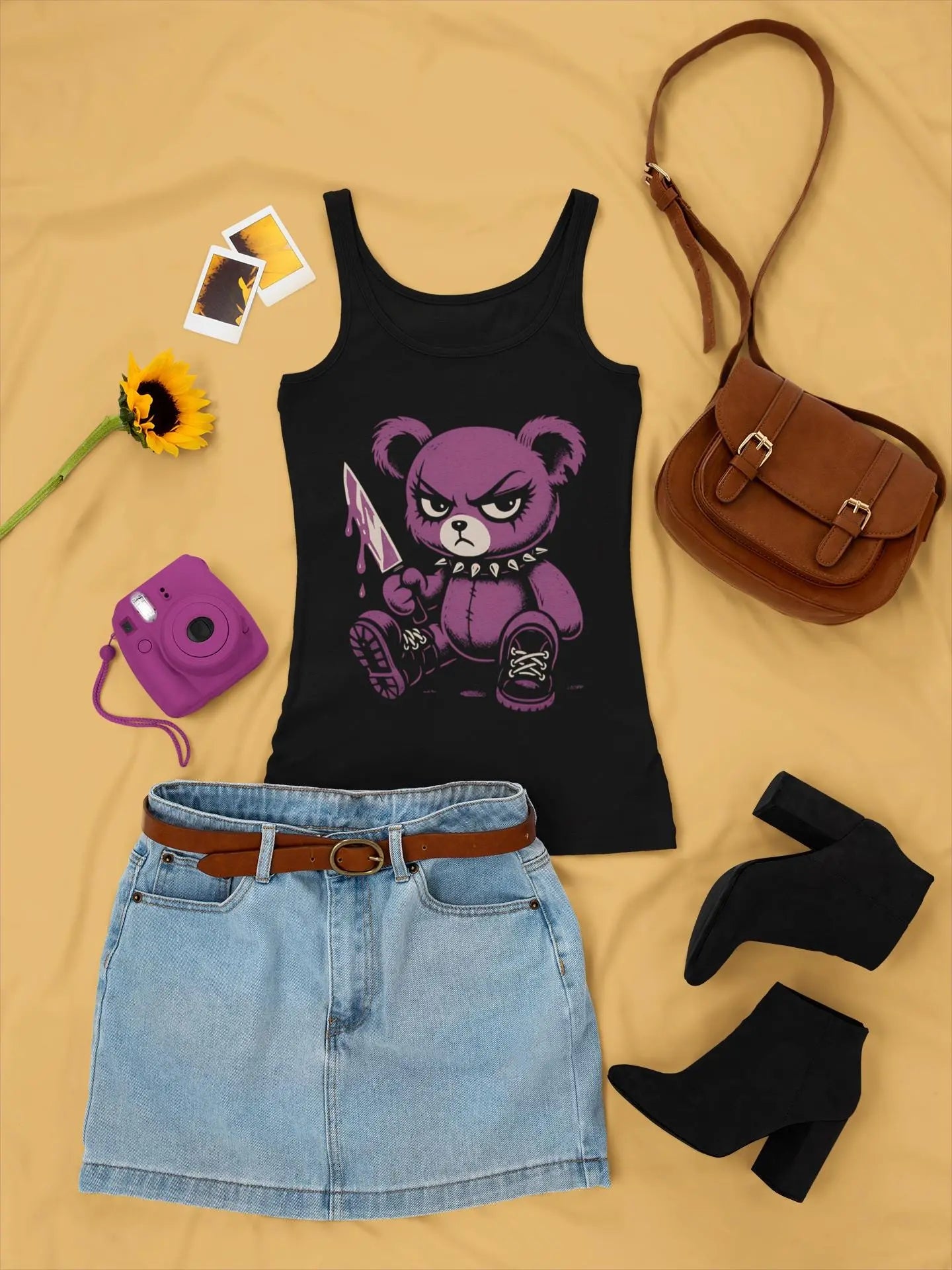 Grunge Purple Teddy Bear Tank Top: Edgy Y2K Cotton Shirt Yoycol