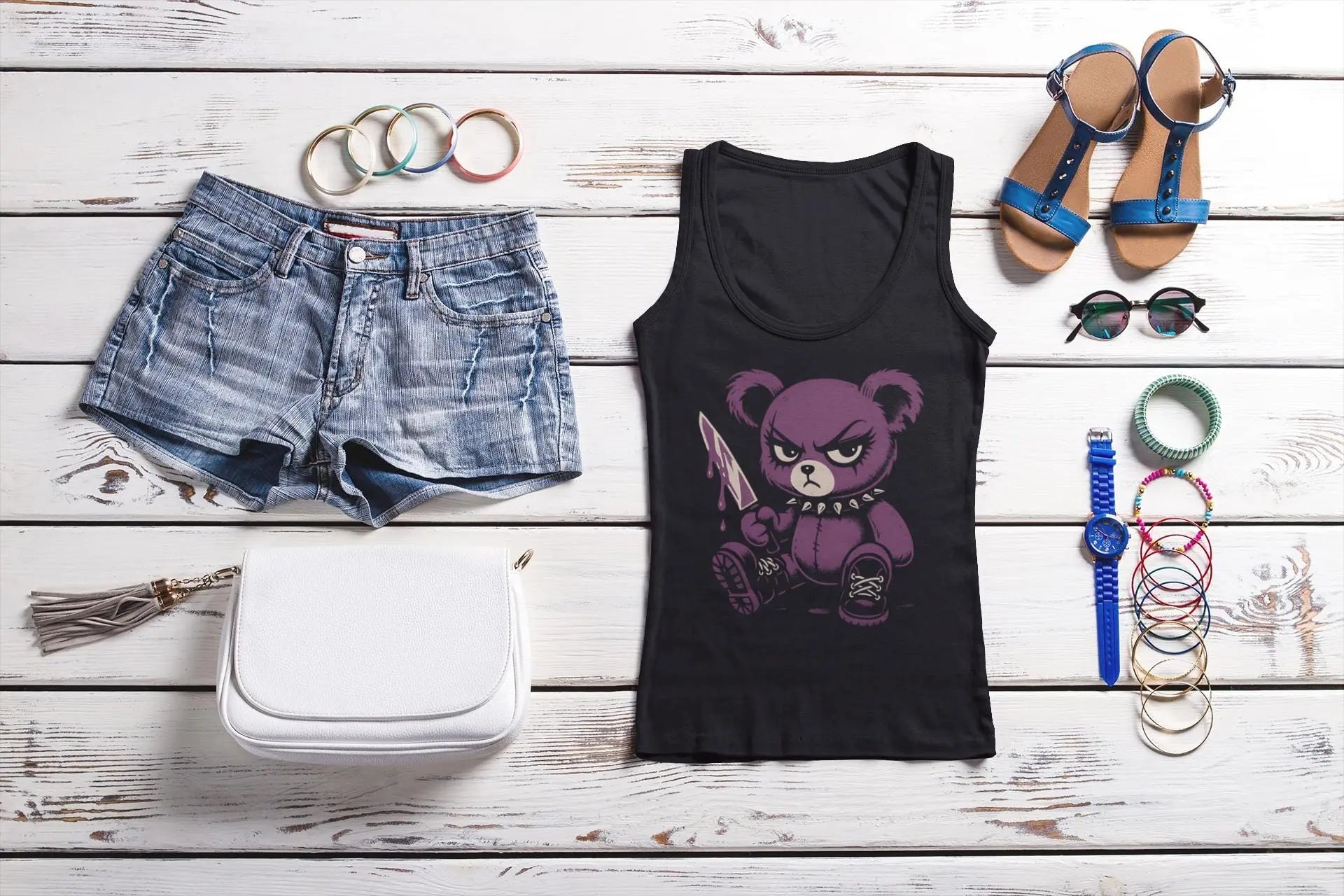 Grunge Purple Teddy Bear Tank Top: Edgy Y2K Cotton Shirt Yoycol