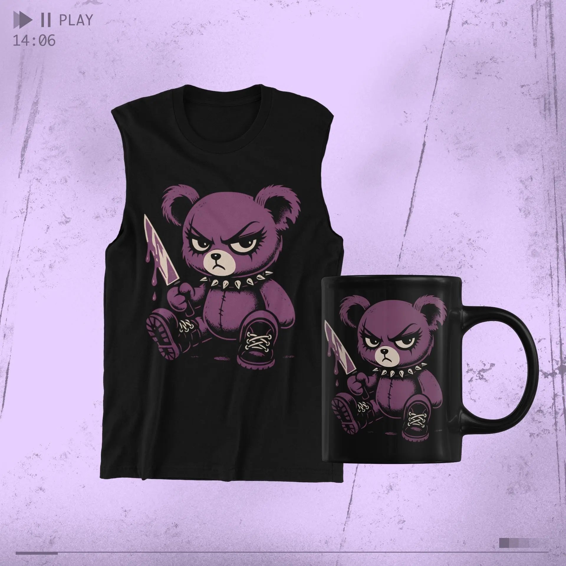 Grunge Purple Teddy Bear Tank Top: Edgy Y2K Cotton Shirt Yoycol
